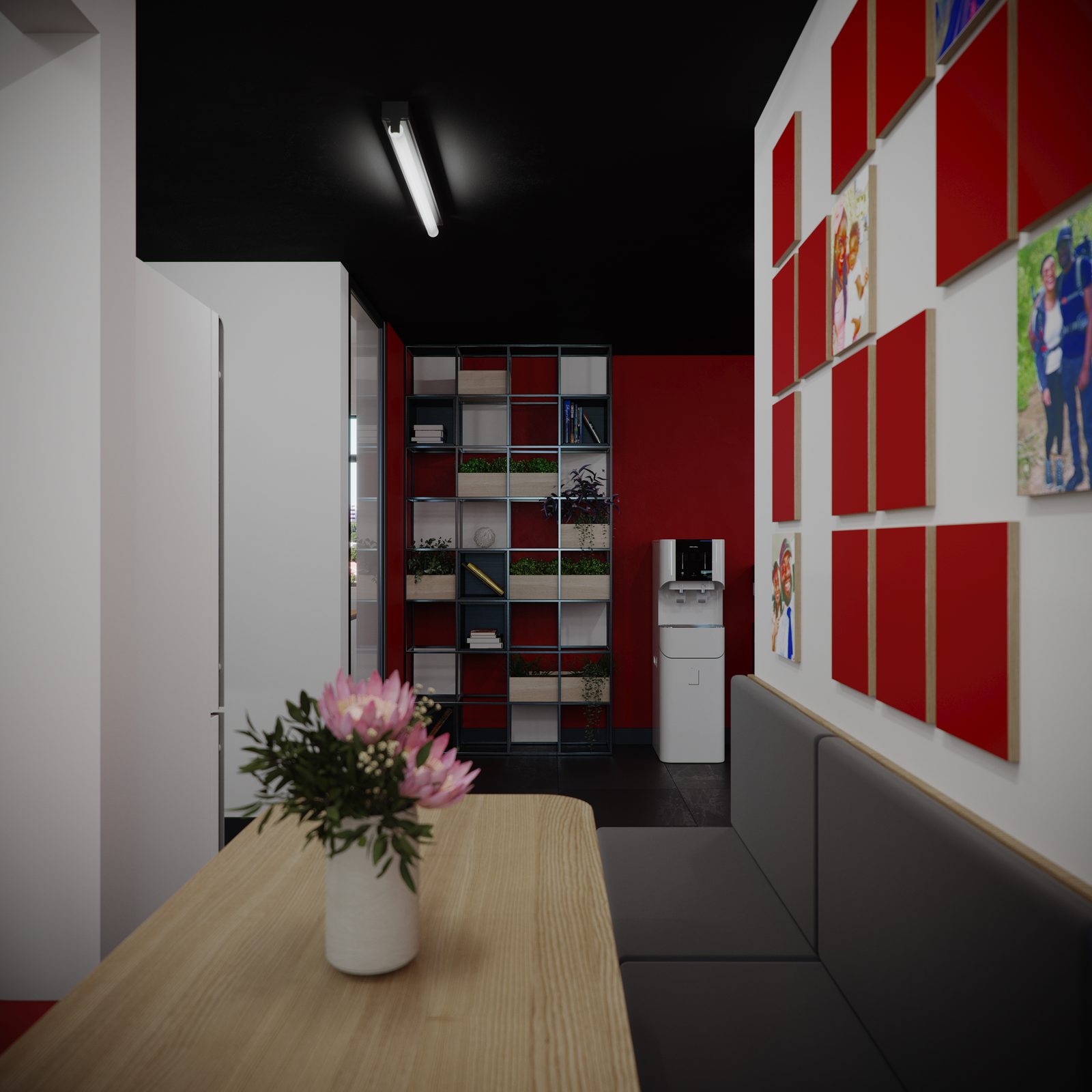 AFG - Breakout visualisation: a pinboard wall of red panels, open shelving and a timber table under a black ceiling.