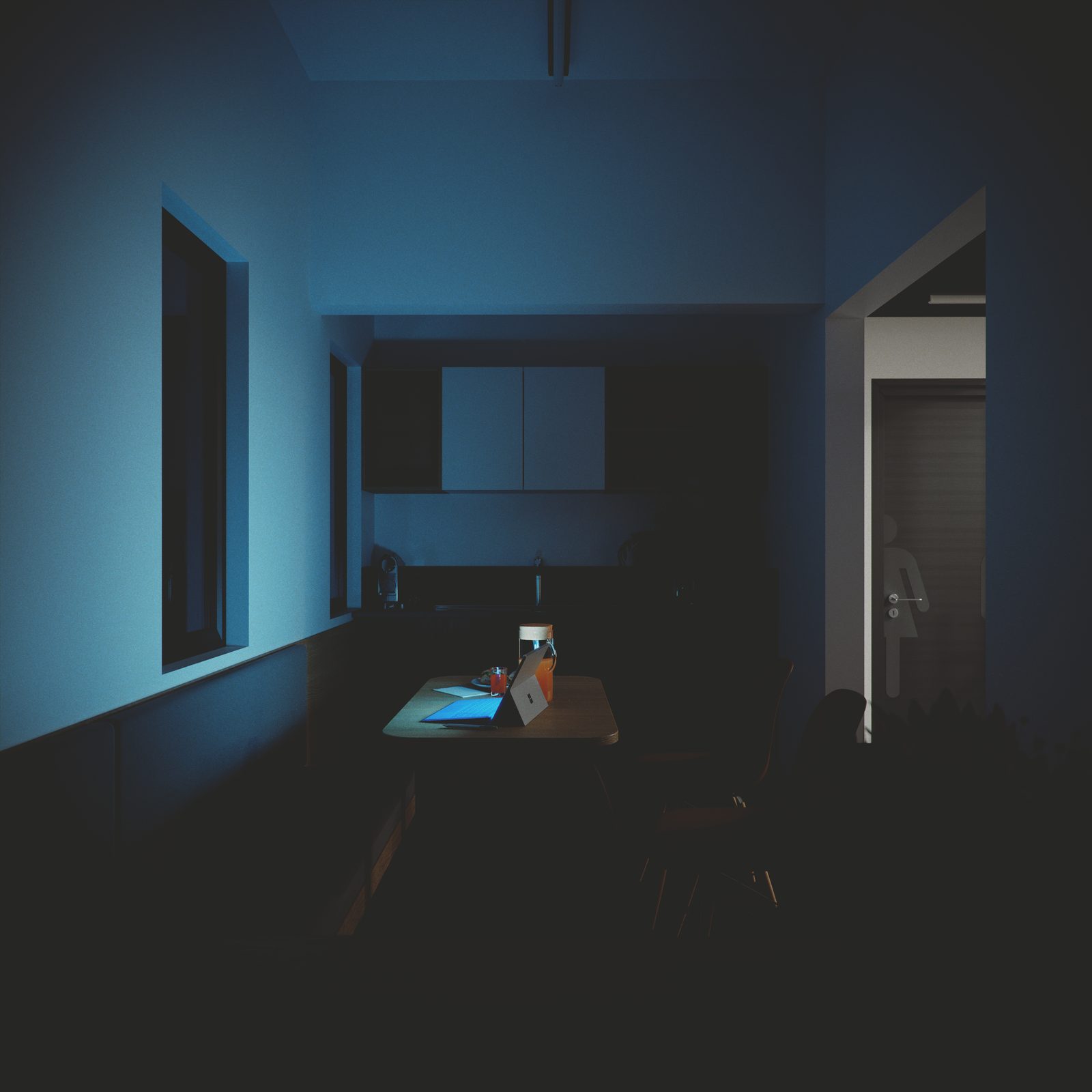 AFG - The same booth in its blue night grade, the room reduced to silhouette and cool light.