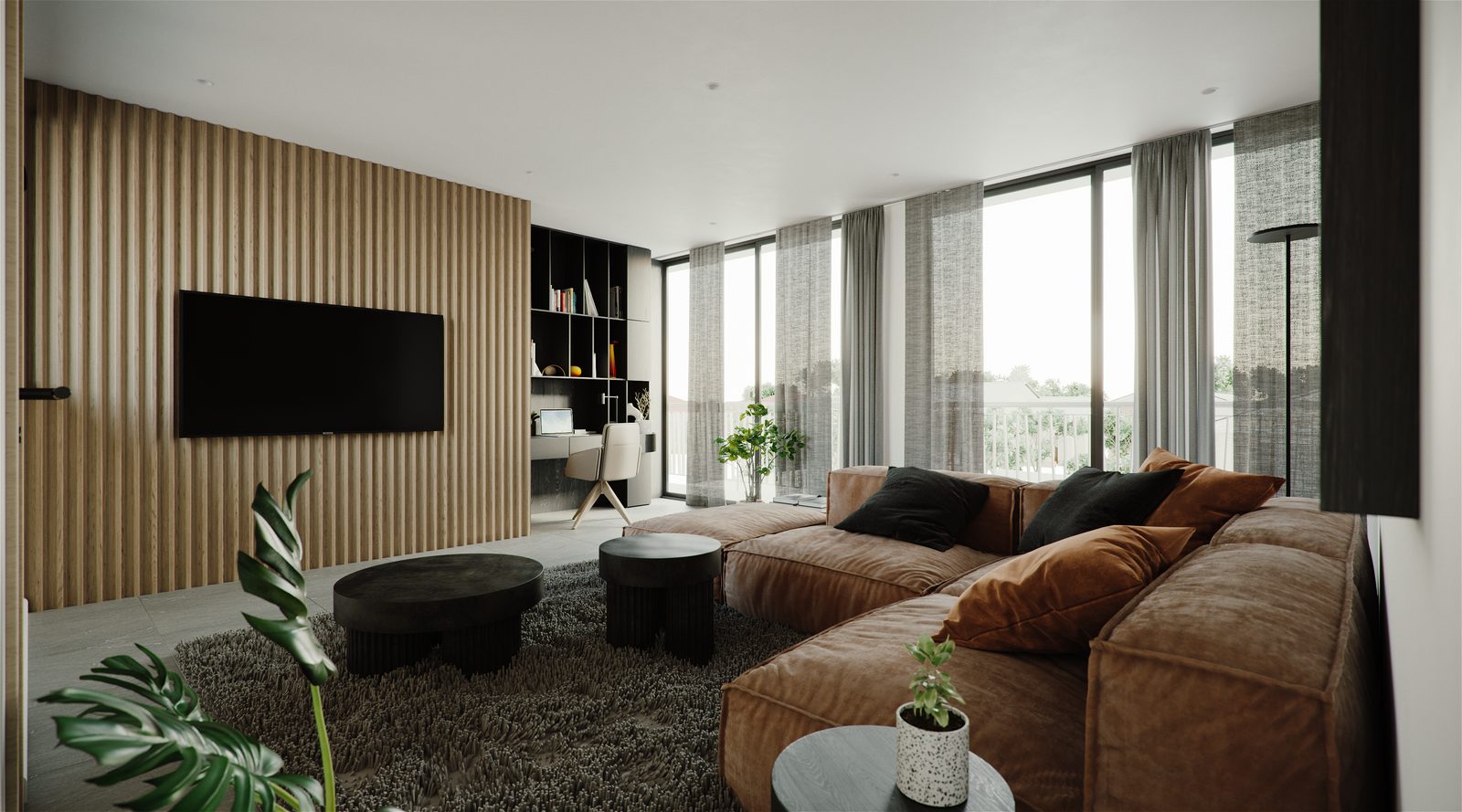 The living room in full colour: a low modular sectional in warm ochre suede on a deep grey pile rug, black drum side tables, a wall of vertical timber slats carrying the television, and floor-to-ceiling glazing with sheer curtains running to the outside.