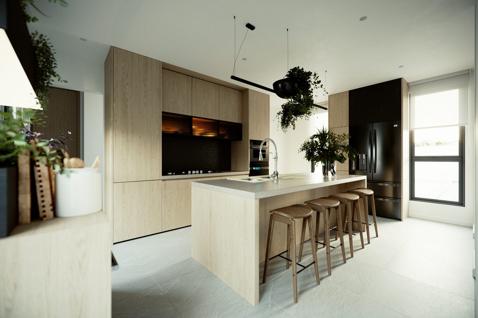 The kitchen from the living side in its warmest grade: pale oak handleless joinery run to the ceiling, a stone-topped island with turned oak stools, fluted glass uppers lit from inside and planting hung above the counter.