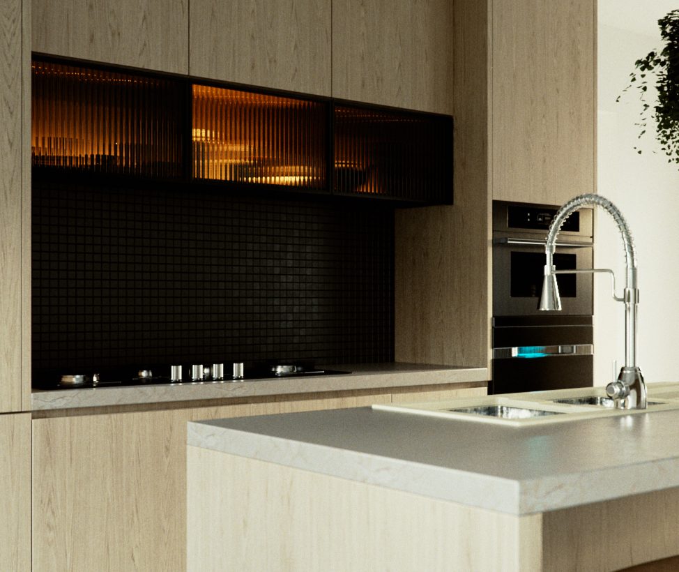 Detail of the run behind the island: fluted glass upper cabinets glowing amber over a black mosaic splashback, the hob, a built-in oven and a gooseneck tap at the island sink.