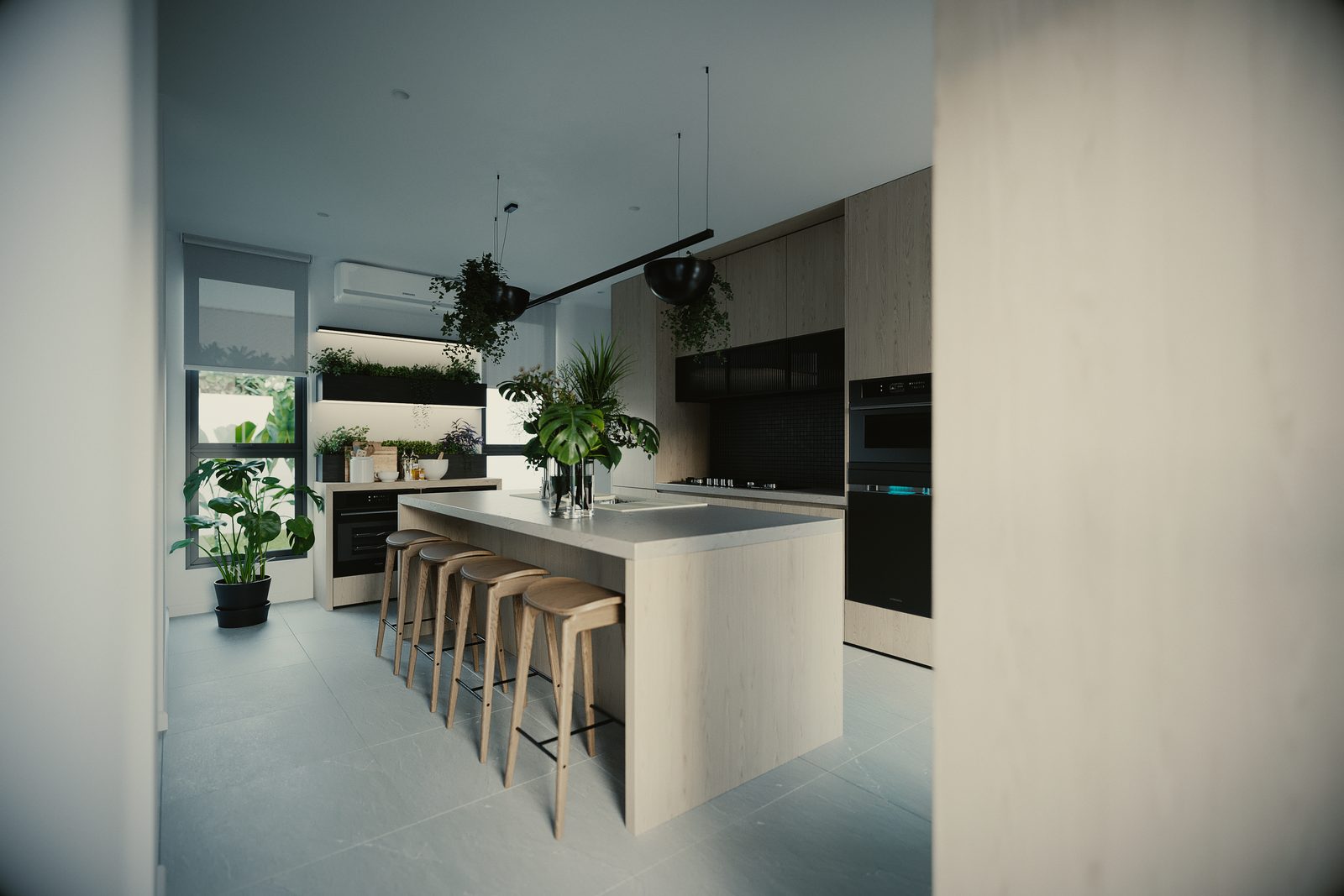 The same doorway composition in flat daylight, blinds down and the whole room reading pale grey and oak.