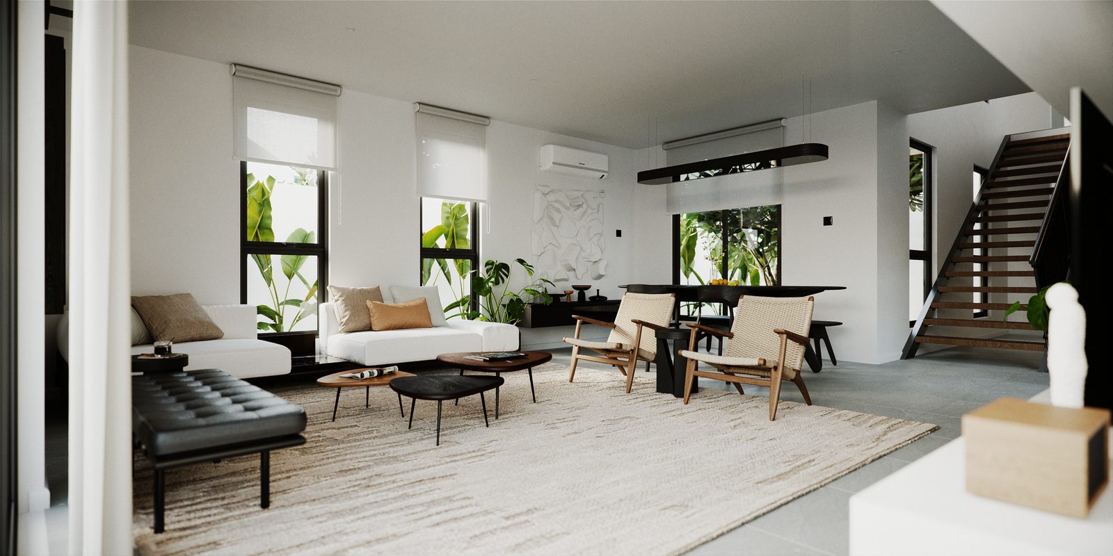 A wider take across the living room to the dining table and the stair beyond, the ceiling kept plain and the daylight coming in off camera.