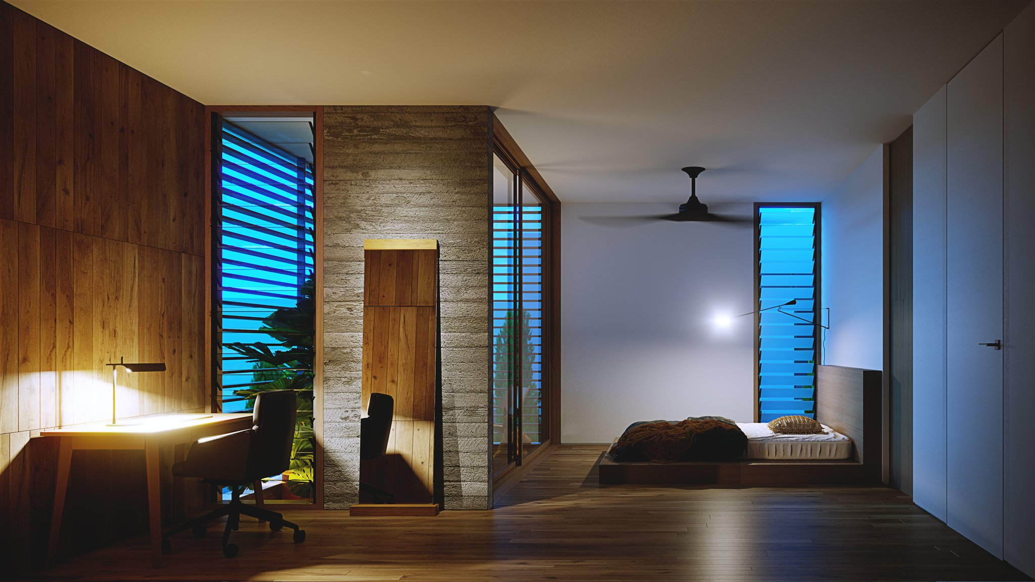 Ahero bedroom at dusk: the same desk, leaning mirror and low bed, now with blue light burning through the louvres and the task and reading lamps lit.