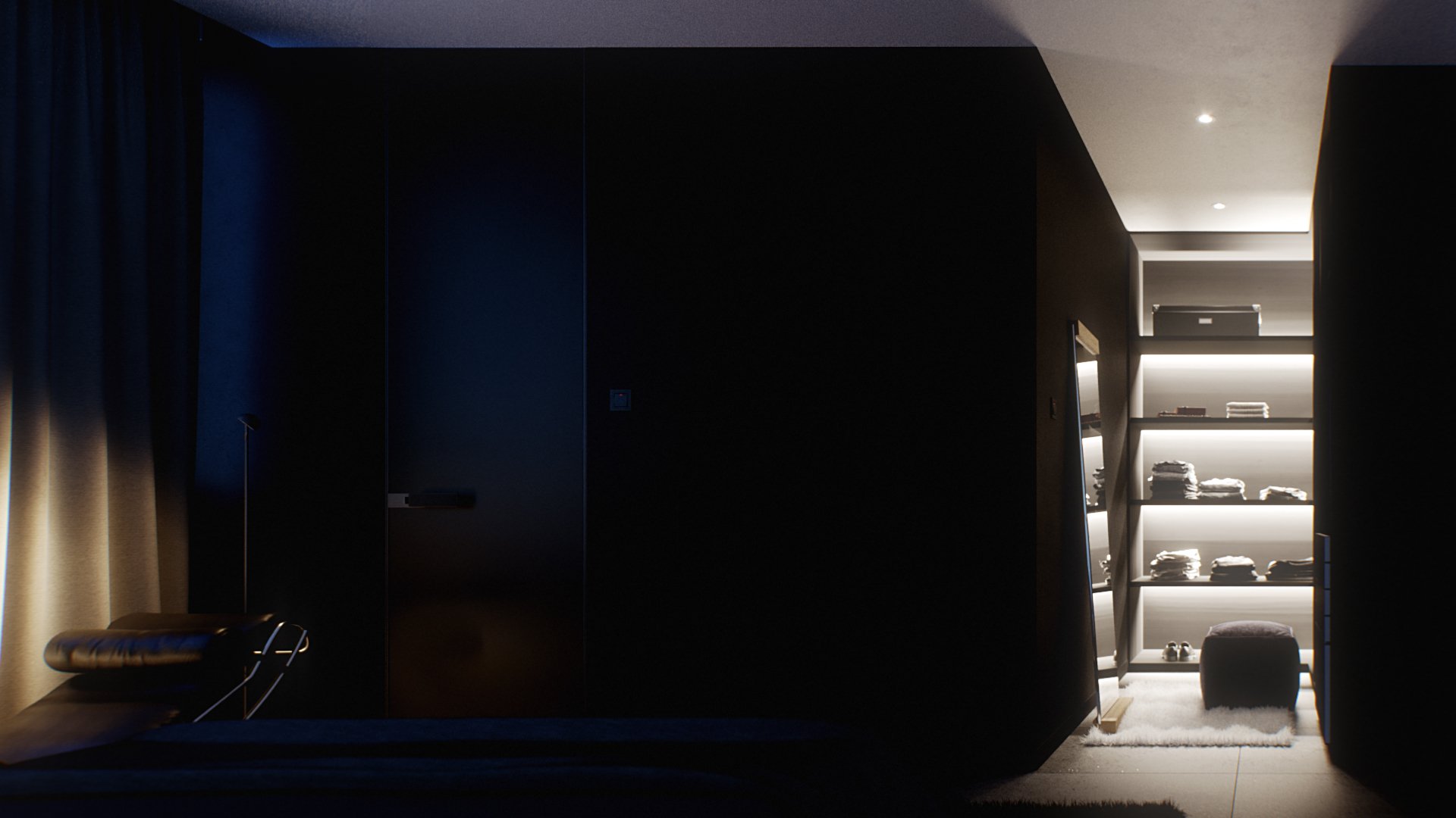 Ahero mirror in a walk-in dressing room: backlit open shelving of folded clothes glows at right while the oak-based mirror leans against the dark cabinet wall, a grey ottoman on white sheepskin below it.