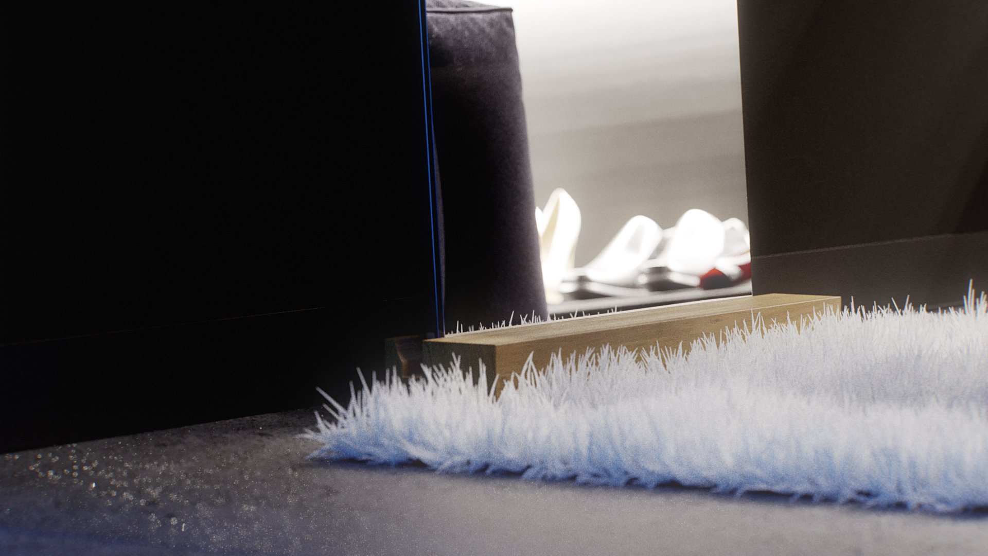 Ahero mirror base: the solid oak plinth stands in a long-pile white sheepskin rug, white high-heeled shoes and the ottoman blurred in the glass above it.