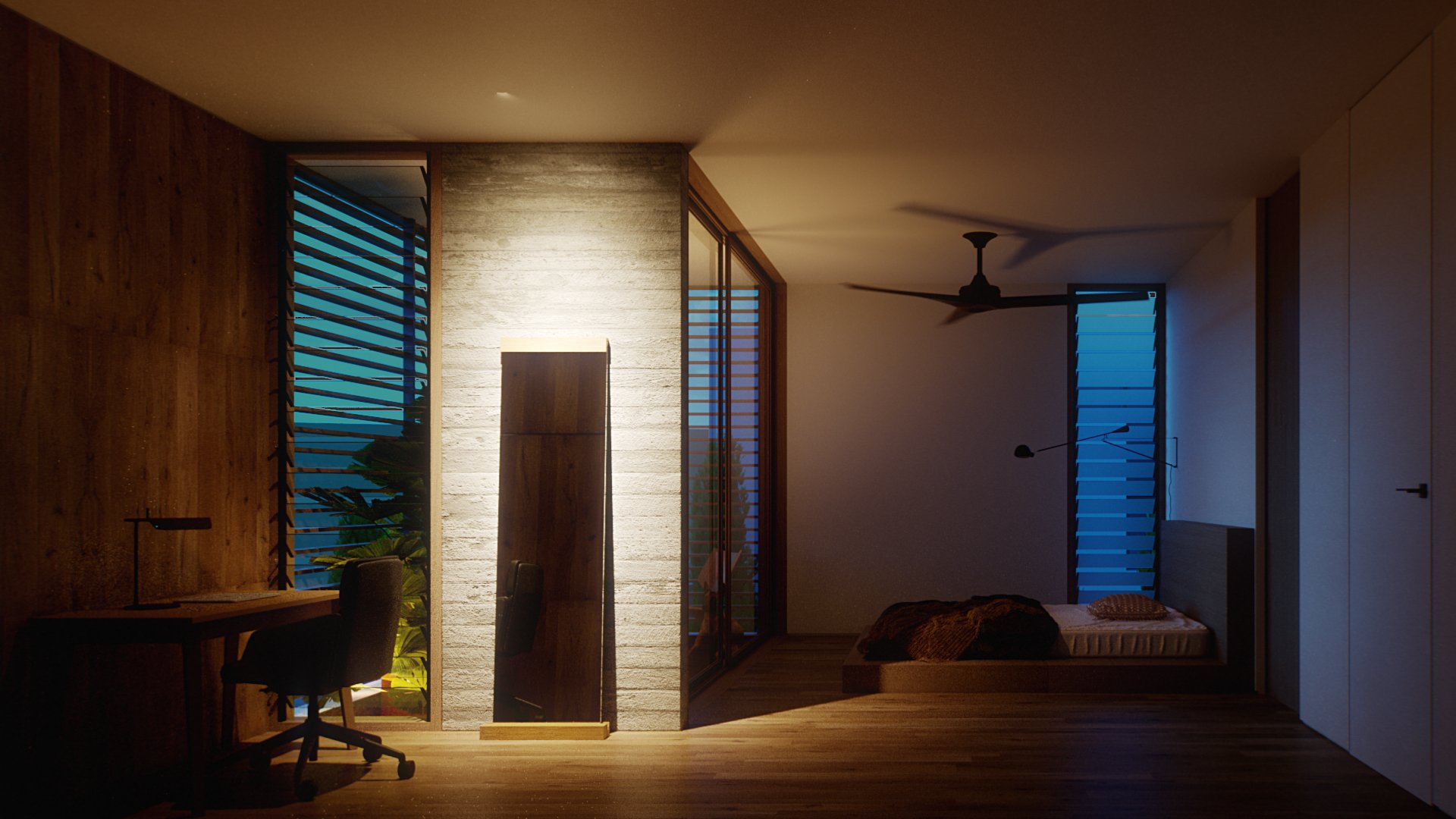 Ahero bedroom at night: the same camera as the dusk plate with the fan blades turned, the room warmed by the desk lamp and a wash of light on the stone screen behind the mirror.