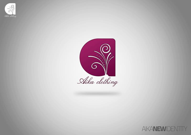 A logo sheet on a light grey radial field: the mark is a magenta-to-plum gradient shape with a rounded left side and a flat right edge, and inside it a white botanical flourish of two curling fronds tipped with dots; below, the name Aika clothing is set in a plum italic script, with a soft shadow floating beneath the whole lockup; a small monochrome version of the mark and name sits at the top left and the words AIKA NEW IDENTITY, the middle word weighted, at the lower right.
