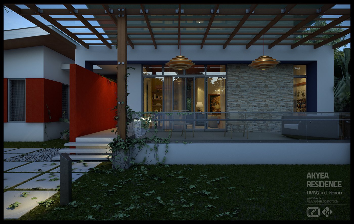 Exterior render at dusk of a single-story residence, a timber pergola over a lit terrace, warm interior light glowing through full-height glazing, a stone-clad wall and a red accent panel, lawn and stepping stones, with the caption AKYEA RESIDENCE at the lower right.