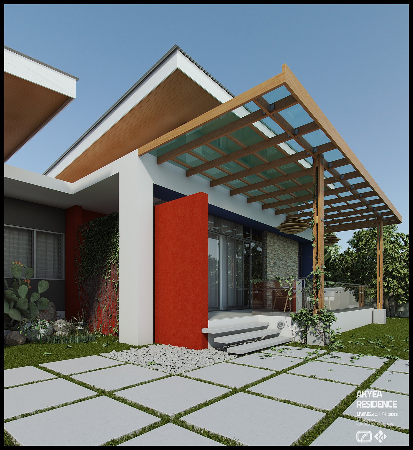 Daylight exterior render of the residence from the garden, an angular gable roof with a warm timber soffit, a timber pergola canopy, a red freestanding accent wall and stone cladding, stepping-stone pavers set in grass with cactus planting, captioned AKYEA RESIDENCE.