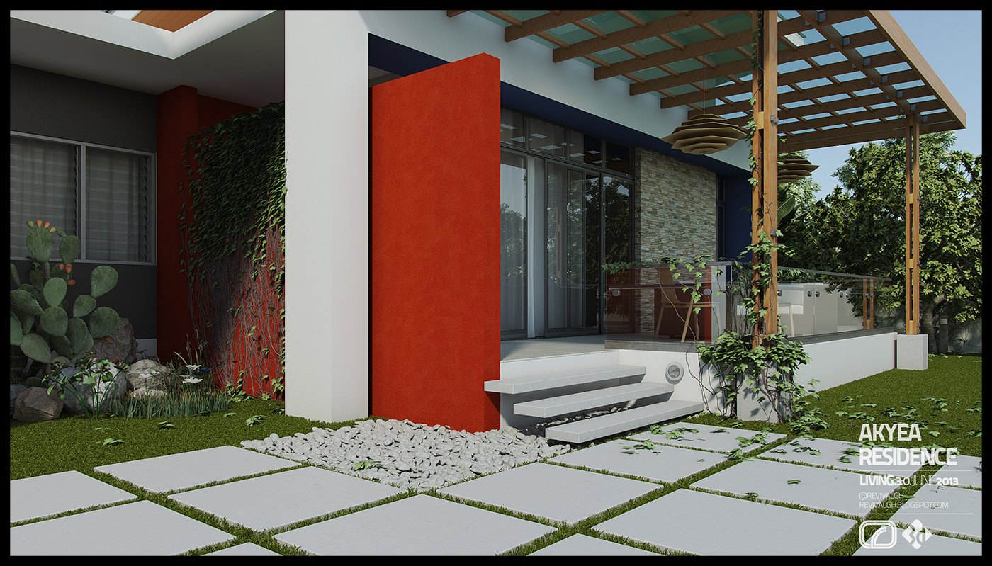 Daylight exterior render of the residence, white columns and beams supporting a timber trellis, a red accent wall beside rough stone cladding, glazed doors behind, and a lawn crossed by square stepping-stone pavers, with the AKYEA RESIDENCE caption at the lower right.