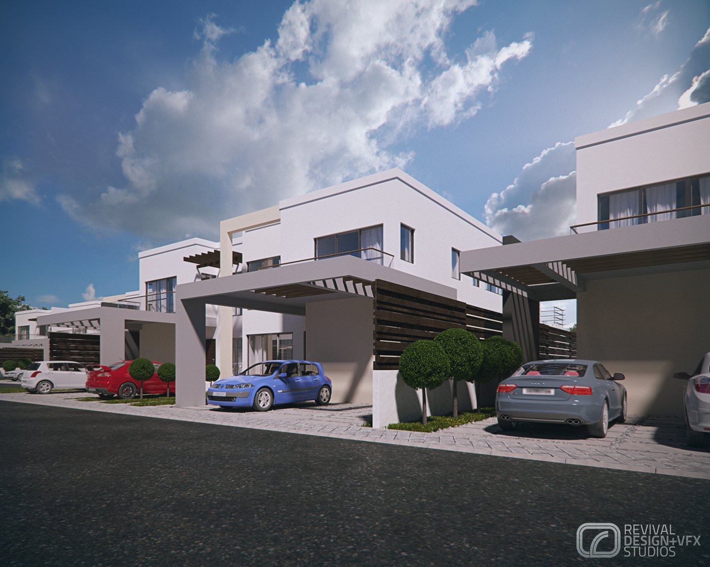 Visualization of the street frontage: two white flat-roofed villas behind a paved driveway, cars parked under a slatted carport, clipped shrubs and a heavy cloud-filled blue sky, studio watermark in the lower corner.
