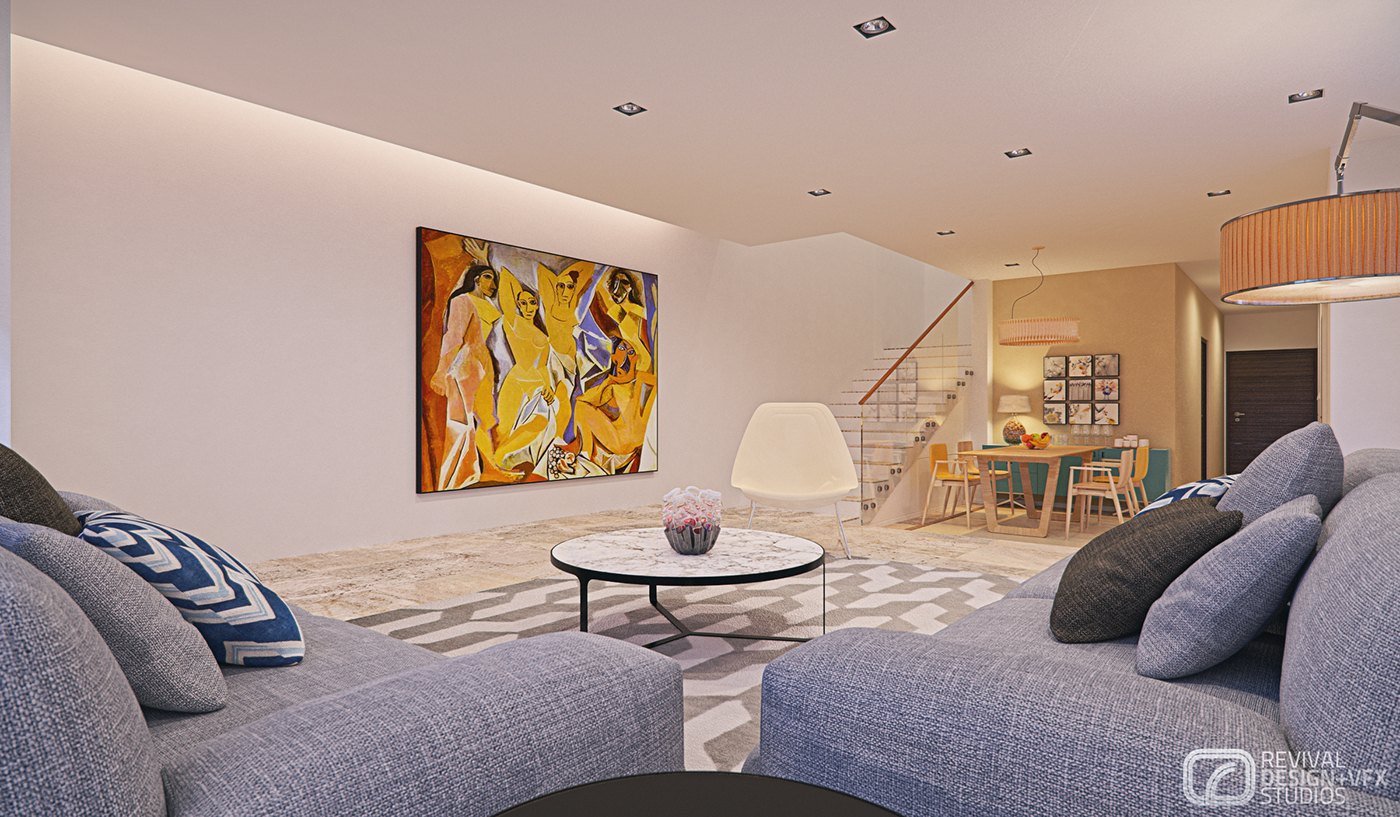 Living room visualization from a low angle across grey sofas: a large figurative canvas in yellow and black on the white wall, a round marble coffee table on a geometric rug, and the dining set with a woven pendant beyond.