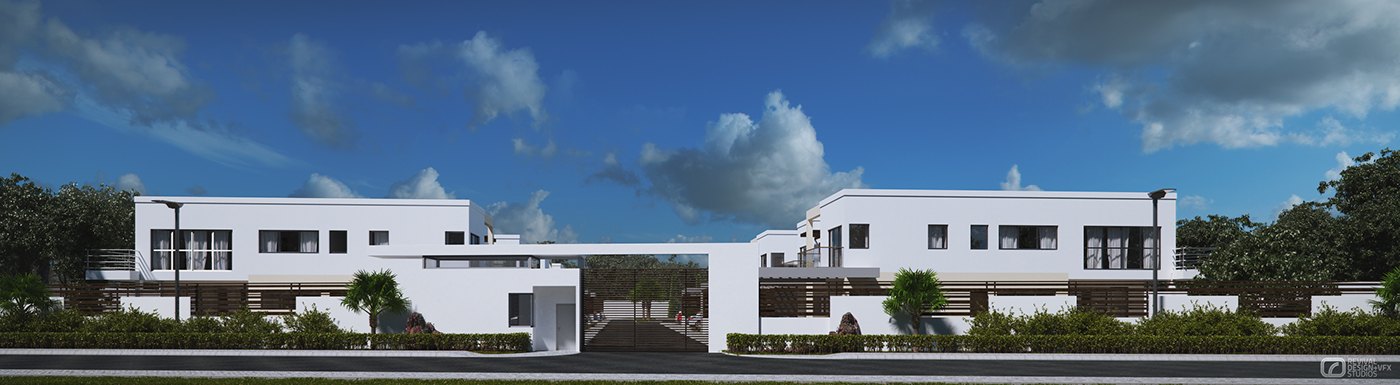 Wide horizontal elevation of the development seen across a lawn, a long band of low white volumes with deep window openings and flat roofs, set against blue sky with thin cloud and green planting below.