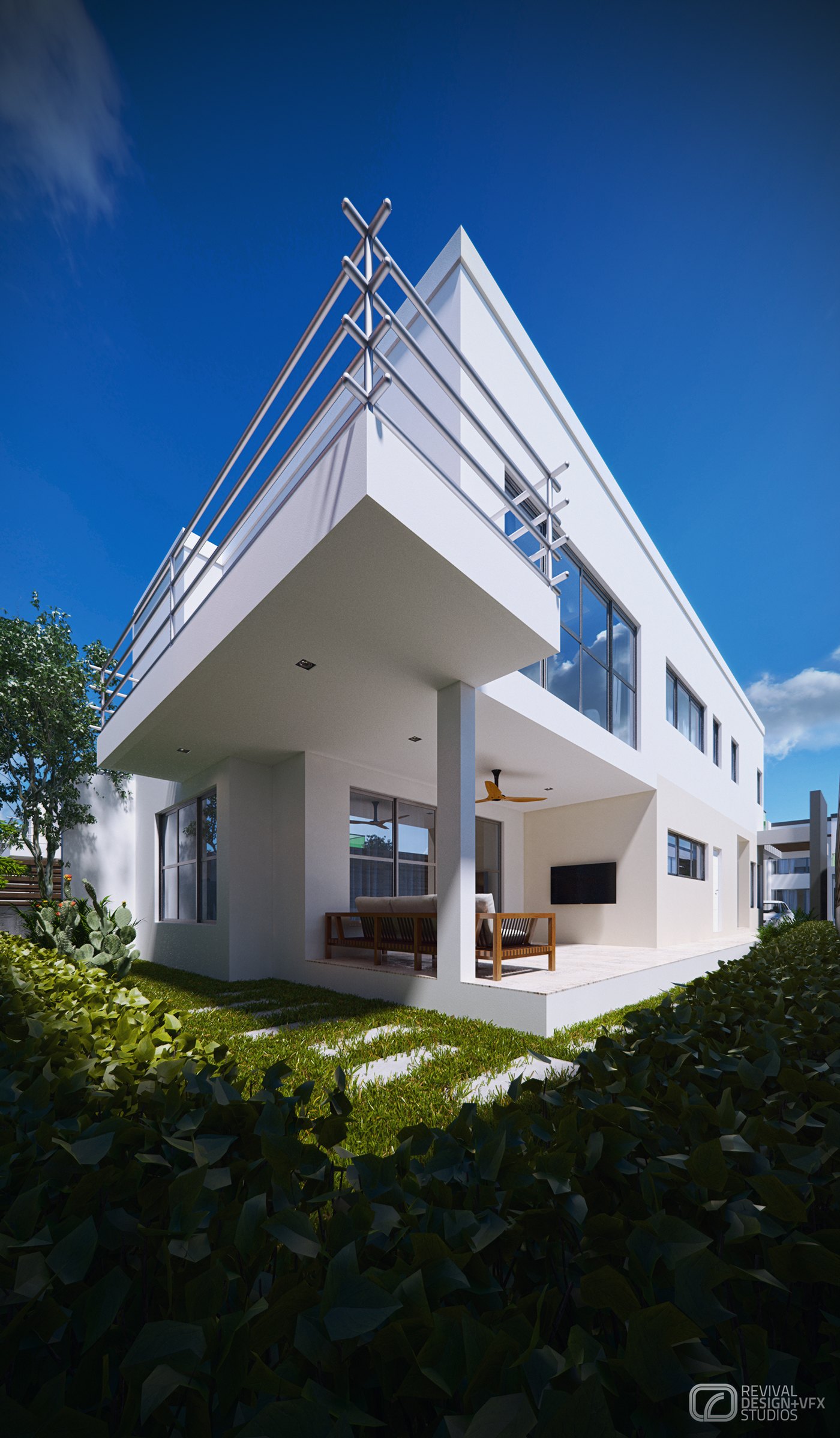 Rear garden visualization of a single villa: a white cubic box on columns with an open ground-floor terrace, a pergola and daybed above, and a broad lawn of large-leaf planting running to the frame edge.
