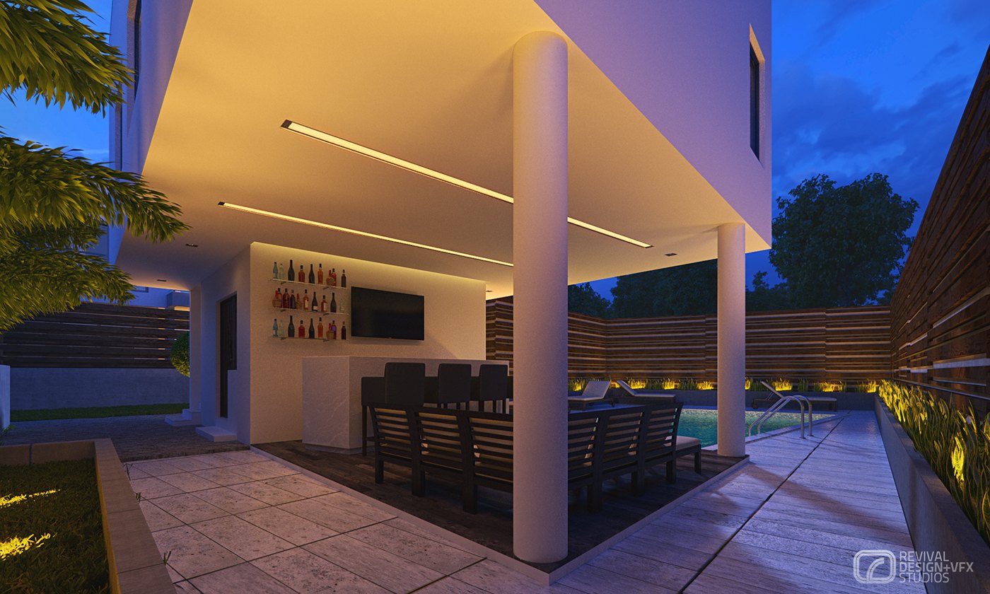 Covered outdoor room at dusk: warm linear lighting under a white canopy, a long dining table, a backlit bottle shelf on the end wall and the pool edge beyond the columns, floor tiles picking up the blue sky.