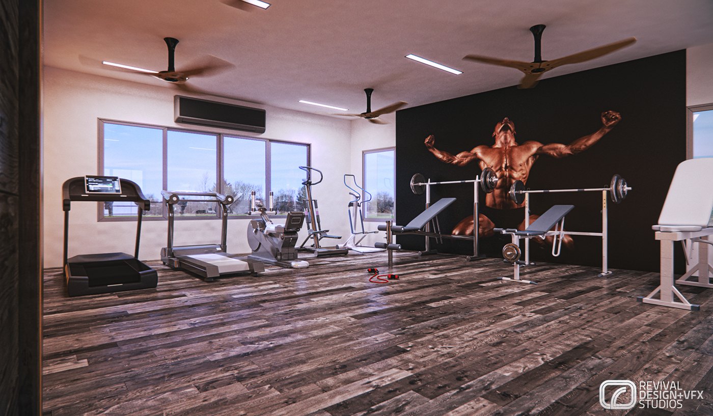 Gym interior visualization with three treadmills and a cross trainer along a window wall, a bench press and rack on dark plank flooring, ceiling fans overhead and a full-height mural of a bodybuilder on the black feature wall.