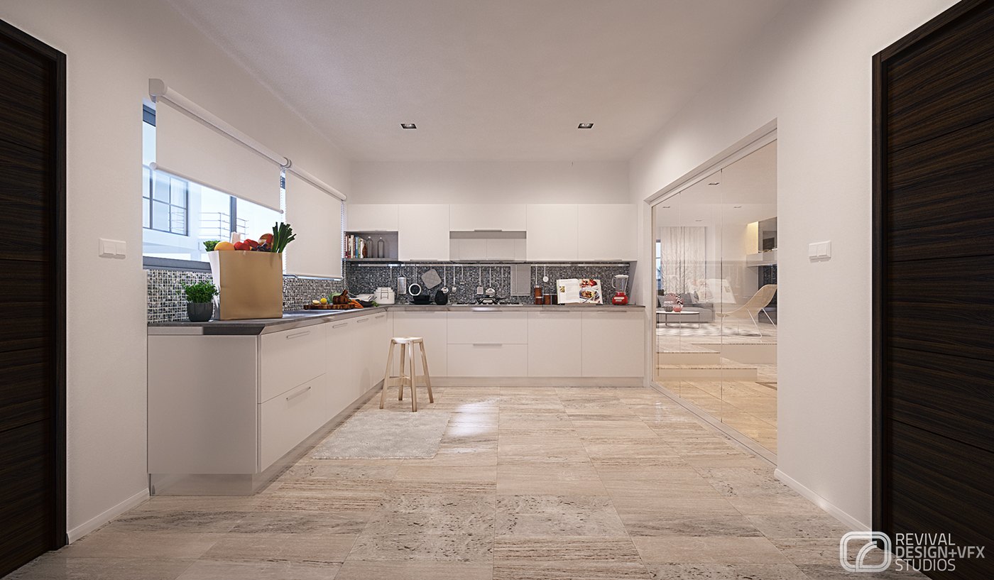 Kitchen visualization: handleless white cabinets with a breakfast island and timber stools, a grey mosaic splashback, pale patterned stone flooring, dark timber doors at either end and a glass partition to the stair hall beyond.