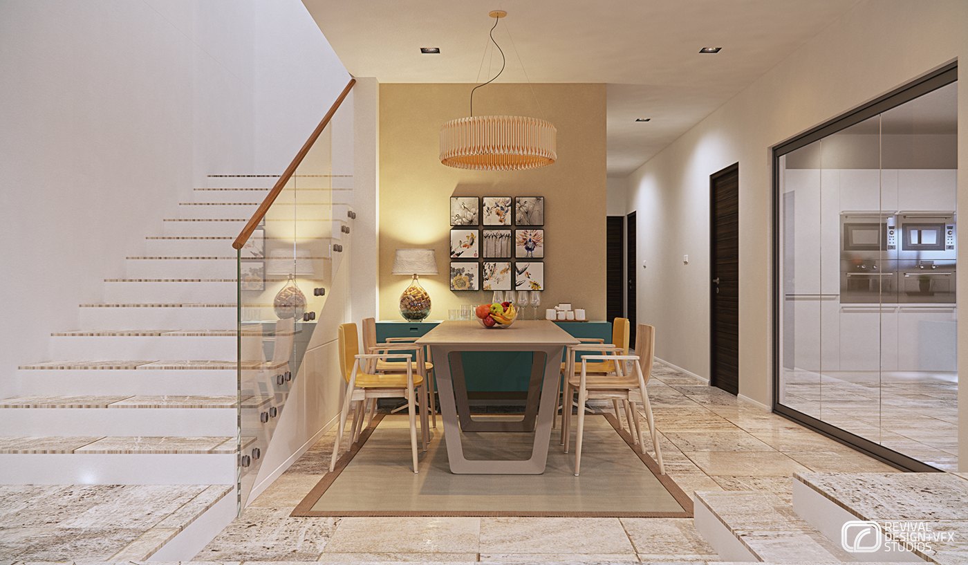 Dining room visualization seen from a floating stone staircase with a glass balustrade: a stone-top table with teal upholstered chairs, a drum pendant, a nine-square gallery wall and a glazed screen to the kitchen.