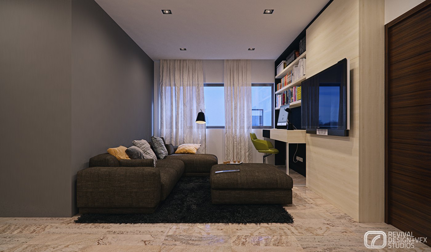 Snug or media room visualization: a low grey sectional on a dark rug facing a wall-mounted screen, open shelving and a desk to one side, floor-length sheer curtains at the window and a slim black reading lamp.