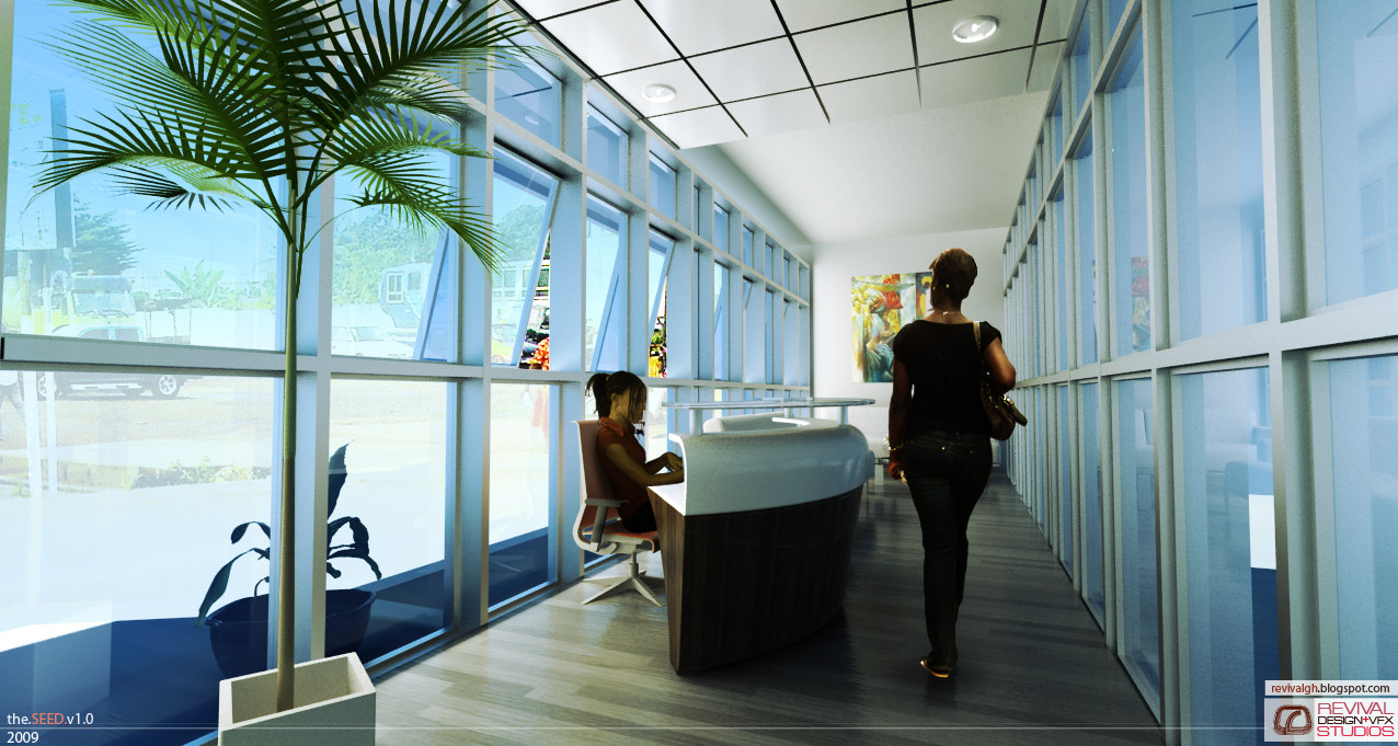 An interior visualization of a bank reception seen down its length. A curved white counter with dark fluting down its front stands at the centre with a receptionist seated behind it in a red-brown chair, and a woman in black walks away from the camera along a grey carpet striped in pale lines. Full-height glazing in white mullions runs the whole left wall, with traffic and green planting visible outside, and a palm grows from a square planter at the near left. The ceiling is a white grid set with round downlights, a piece of bright figurative artwork hangs at the far end, and a black band along the foot of the frame carries the.SEED.v1.0 over the year 2009 at the left and revivalgh.blogspot.com above the REVIVAL DESIGN+VFX STUDIOS mark at the right.