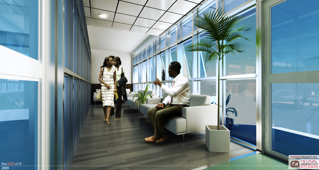 The same lobby from the opposite end, looking back down the lounge side. White sofas and a low table line the right of the striped carpet, a man in a white shirt and tie sits at the near right, two women walk towards the camera along the length of the room with a patterned white dress on the nearer of the two, a second palm stands in a square planter against the glazed wall, and a band of green floor appears at the right edge. The white grid ceiling and the black signature band with the.SEED.v1.0, 2009 and the studio wordmark are the same as the reception view.