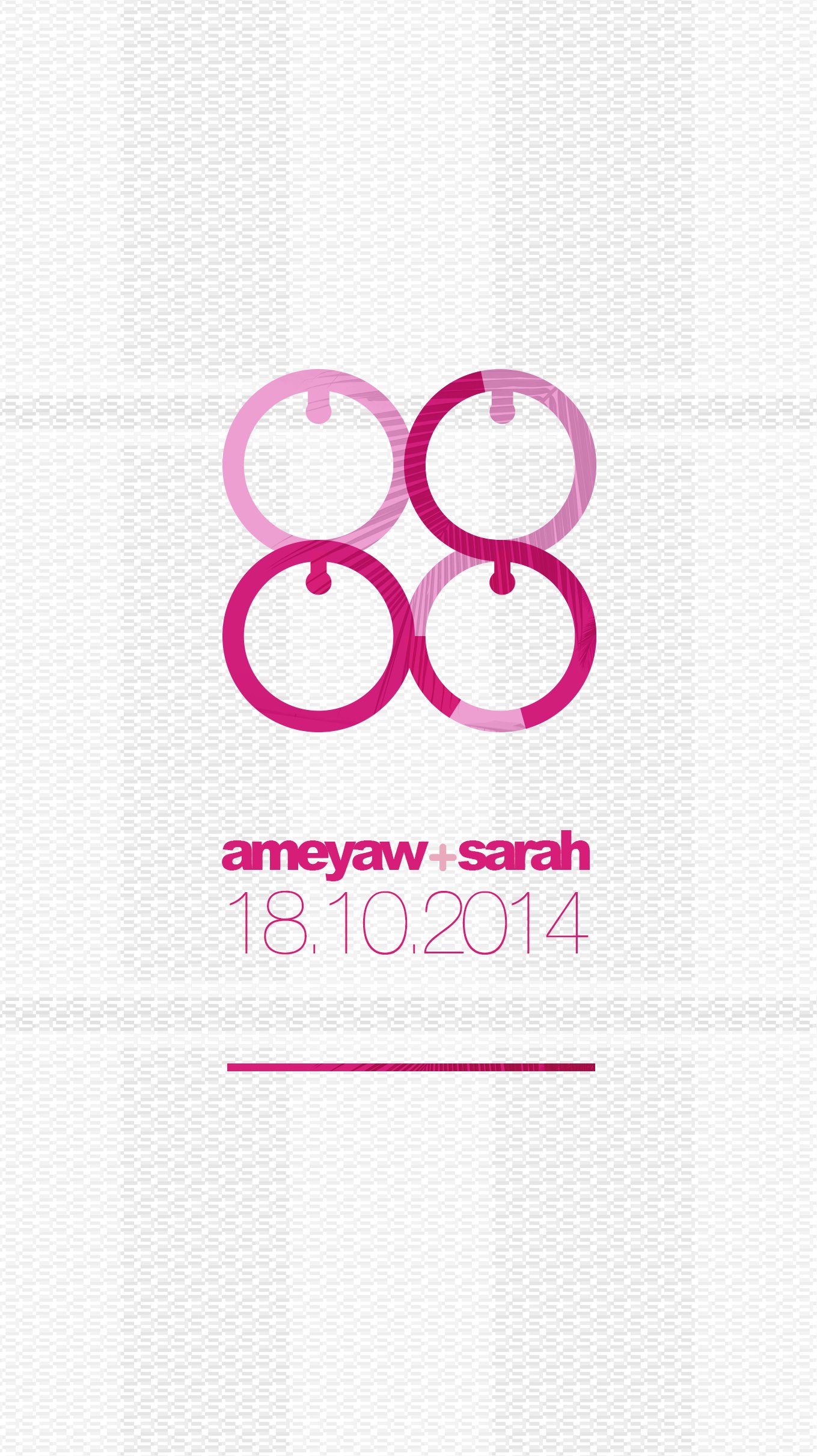 Cover panel: the four-lobed monogram in graded burgundy and pink over a pale woven ground, with ameyaw+sarah and the date 18.10.2014 below