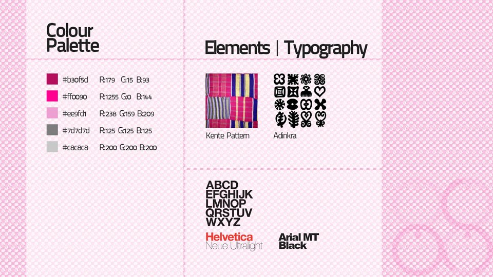 Palette and typography board: five burgundy, pink and grey values, the kente and adinkra element sets, Helvetica Neue Ultralight and Arial MT Black