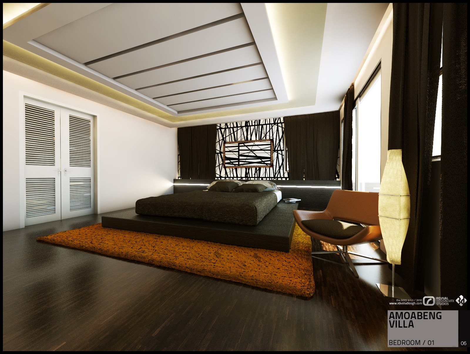 Interior visualization of a dark bedroom: a low platform bed on a black plinth sits on a burnt-orange shag rug, a black-and-white abstract panel fills the headboard wall between full-height curtained windows, a tan leather chair and a tall paper floor lamp stand at the foot of the bed, louvered double doors close the left wall, and a coffered ceiling with concealed cove lighting runs above dark parquet.