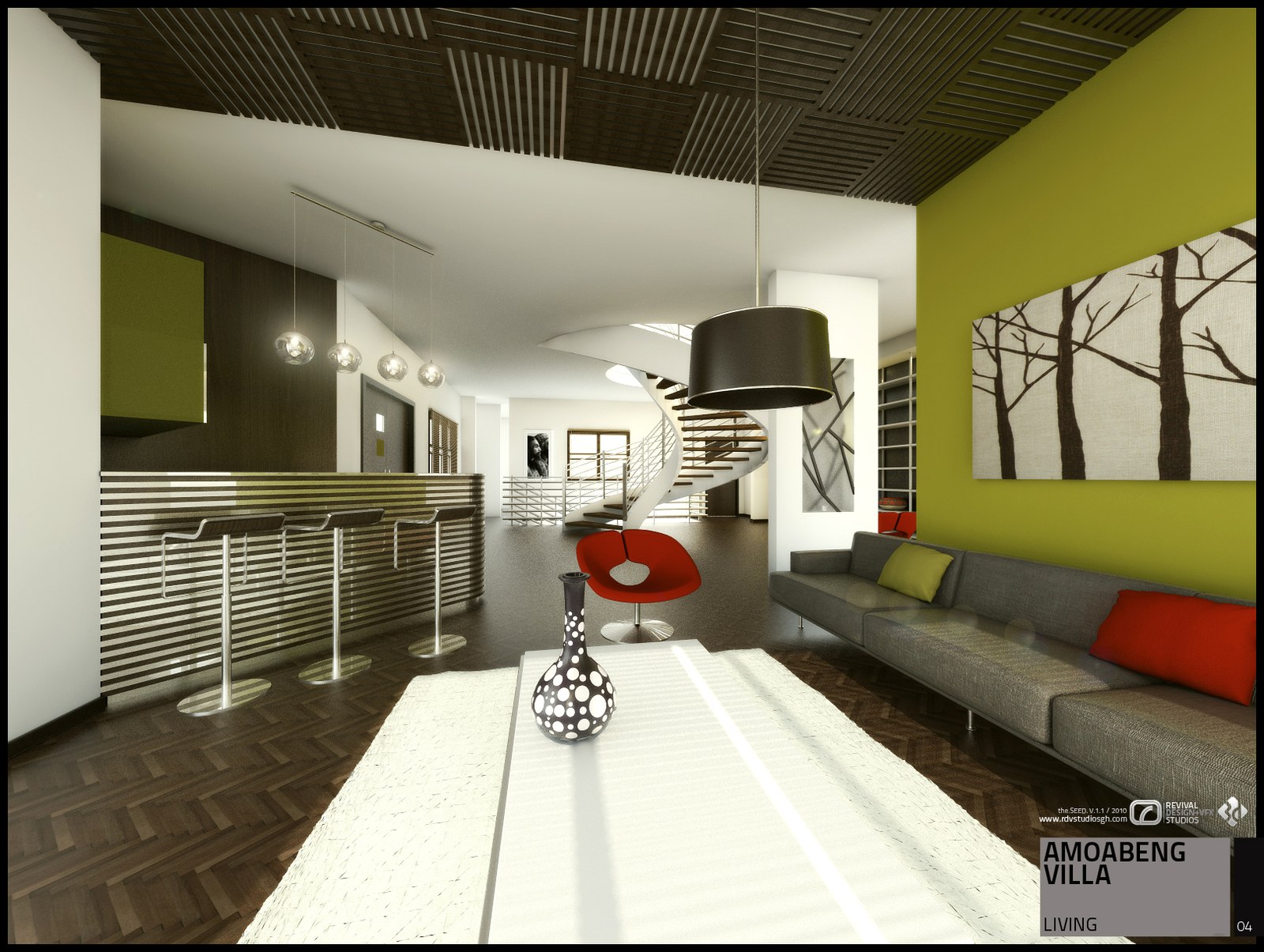 Interior visualization of a long living room: a grey sofa with red and lime cushions runs along an olive-green accent wall hung with a birch-tree canvas, a red round chair and a glossy white coffee table carrying a dotted vase sit on parquet, a bar counter with chrome stools lines the left wall under a row of glass pendants, black baffles panel the ceiling, and a spiral stair is visible through to the hall beyond.