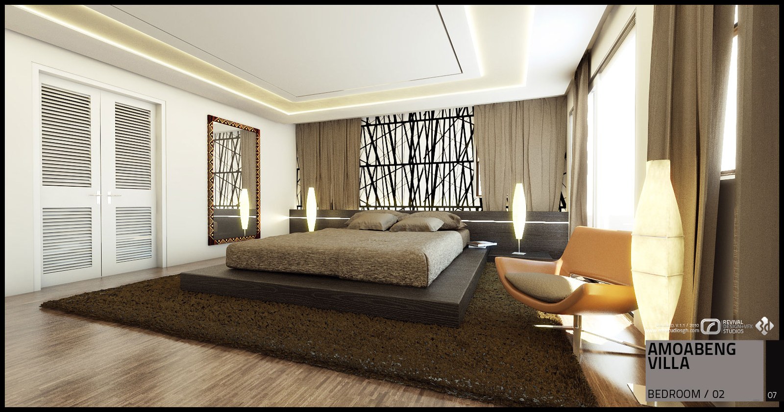 Interior visualization of a second bedroom in paler keys: a low bed dressed in grey throws sits on a brown shag rug against a black branch-pattern headboard panel, a tan chair and a tall floor lamp stand by full-height curtained windows, a gold-framed mirror and louvered double doors fill the left wall, and the plaster ceiling is lit from a concealed cove.