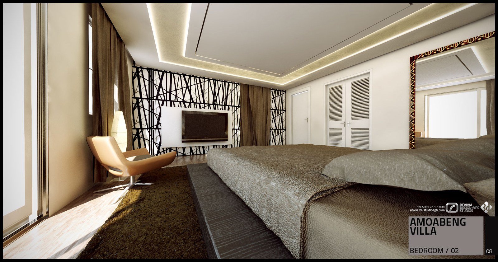 The same second bedroom seen from the foot of the bed: grey linen and a brown rug in the foreground, a flat screen mounted on the black branch-pattern panel ahead, two tan lounge chairs angled toward the window, and the edge of the gold-framed mirror at the right.