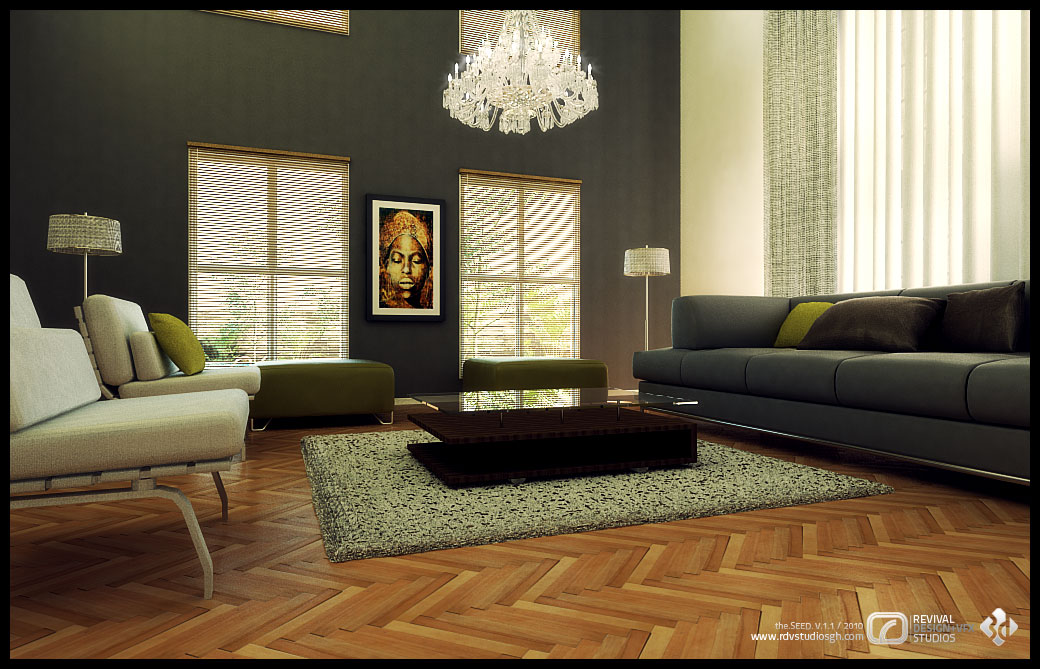 Work-in-progress interior visualization of a living space: two off-white lounge chairs and an olive ottoman face a low dark coffee table on a speckled grey rug, a long charcoal sofa with brown and lime cushions runs along the right, a framed portrait of a woman in a yellow headwrap hangs between two blind-dressed windows on the dark feature wall, a crystal chandelier drops from the ceiling, and herringbone parquet fills the floor.