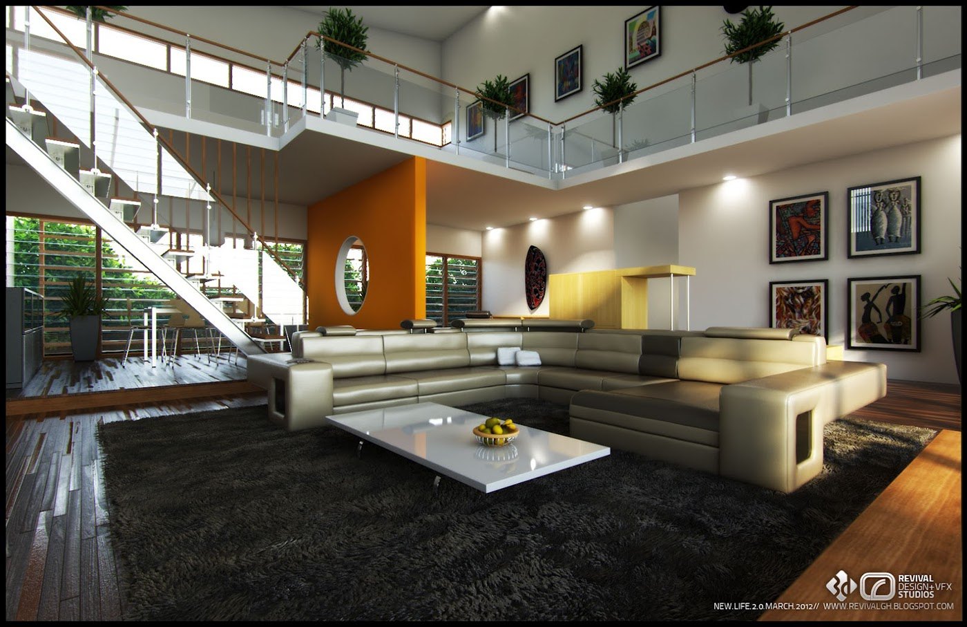 Visualization of a double-height living room: an L-shaped cream sectional with a lit base around a white coffee table on a dark shag rug, an orange wall with circular cut-outs, framed art, a cable-and-glass staircase and a plant-lined mezzanine.