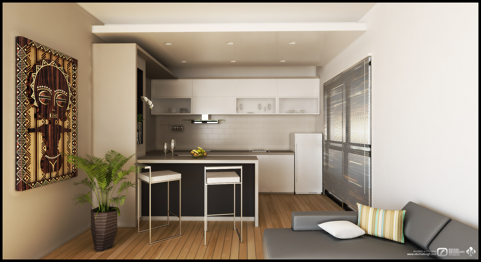 Visualization of the open-plan kitchen and dining end: a dark island with two white bar stools, white gloss wall cabinets, a white rounded-top refrigerator at the end of the run, wood floor boards, a potted palm and the same mask artwork on the near wall, with the back of the charcoal sofa and a blind-drawn window at the right and the studio&rsquo;s watermark at the bottom corner.