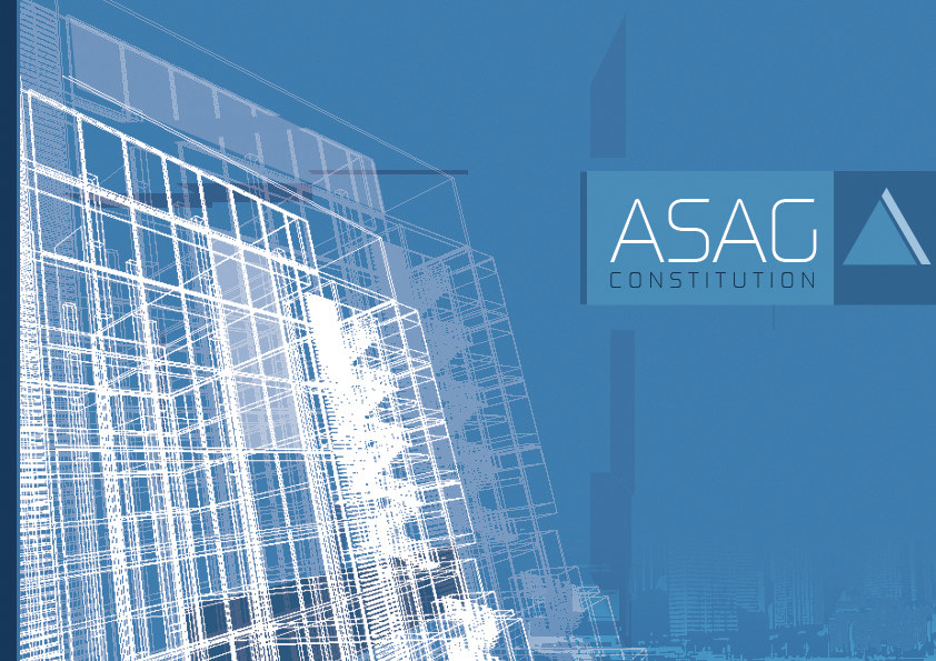 The constitution cover spread in steel blue: the left two thirds carry a white wireframe drawing of a multi-storey building seen in steep perspective, its floors and mullions stacked so densely that the line work reads as texture, with a fainter tower skyline running along the foot of the page, while the right third is a flat panel carrying the association&rsquo;s name ASAG in a thin geometric display face over the word CONSTITUTION in small spaced capitals, and a triangular mark built from one filled triangle and one open chevron sits in a darker square beside it.