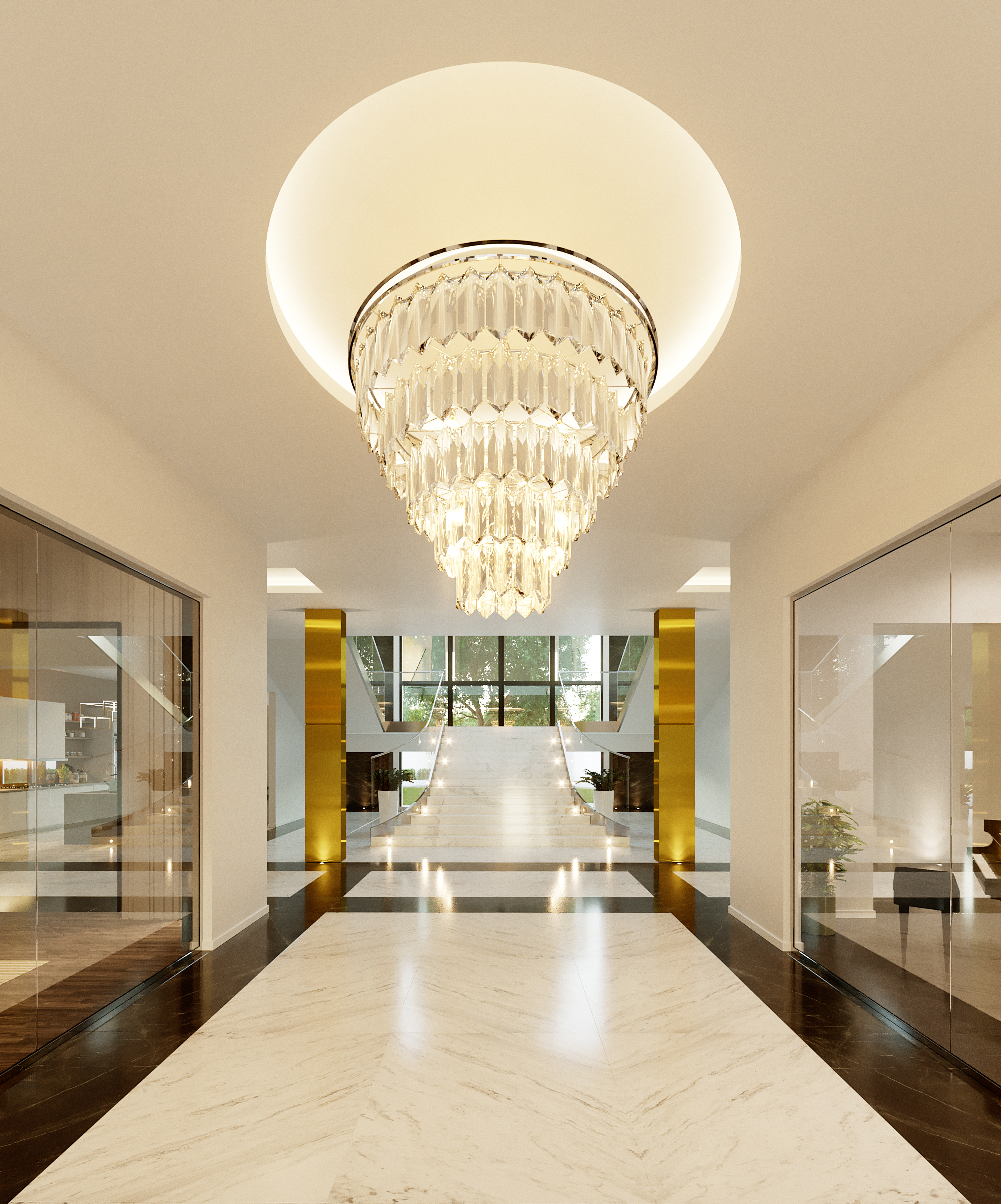 TAI - the entrance hall: a full-height crystal chandelier dropped into a circular ceiling cove, book-matched marble floor, brass-clad piers either side of the stair and glass partitions reflecting the double-height space