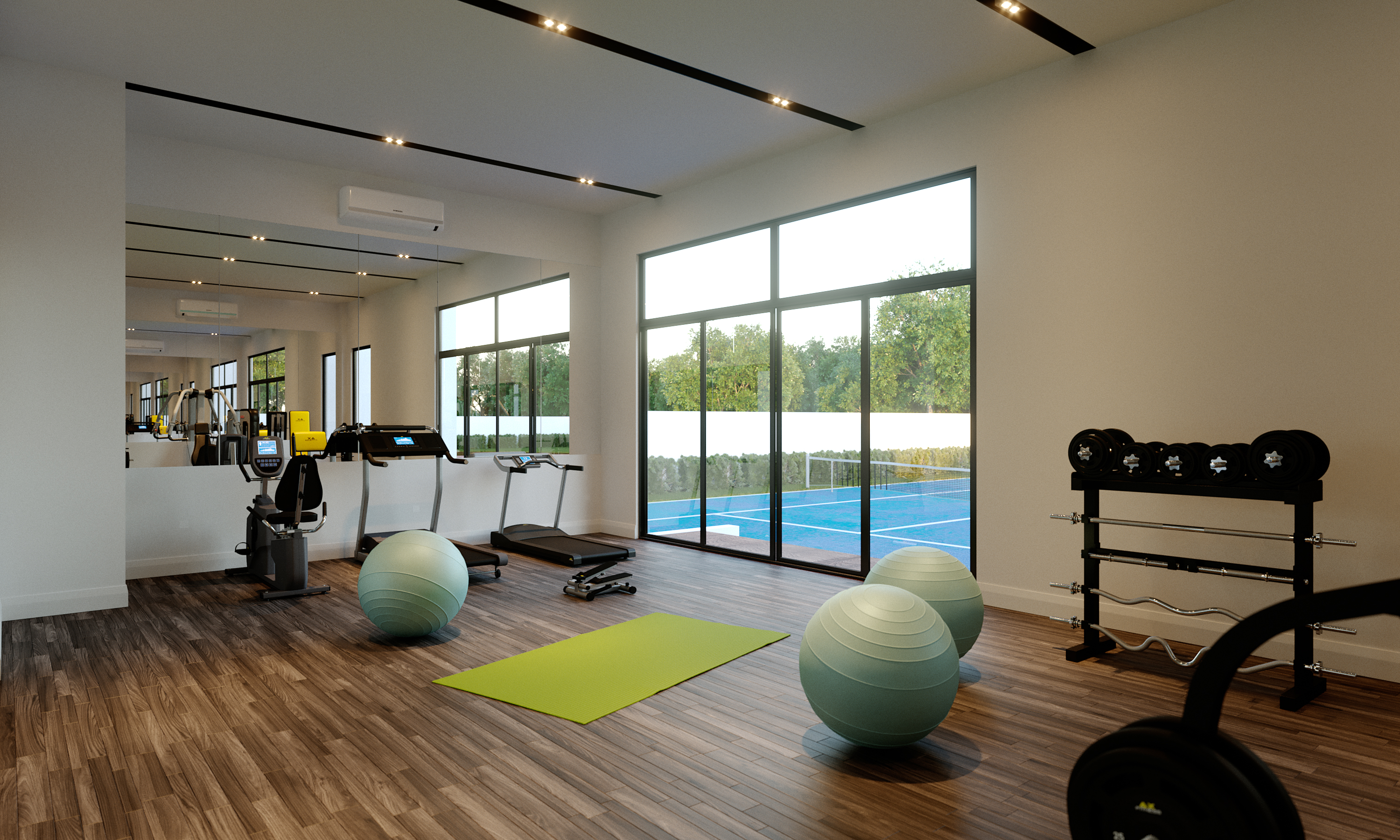 The gym: treadmills and a dumbbell rack on a dark timber floor, green mat and exercise balls, a mirrored wall on the left and full-height glazing looking out onto a pool