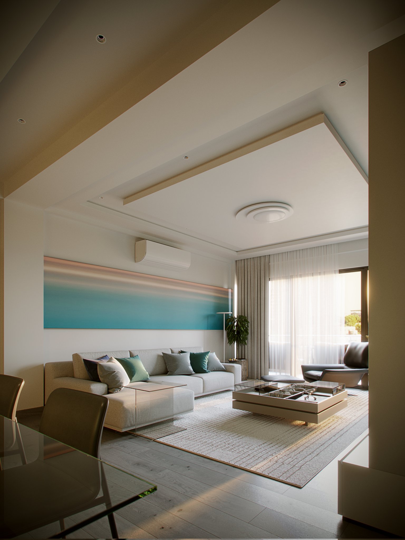 Avalon living room seen through the opening: a wide peach-to-teal gradient canvas above the cream sectional, tray ceiling with a circular flush light, glass-and-metal coffee table on a striped rug and a lounge chair at the curtained window.
