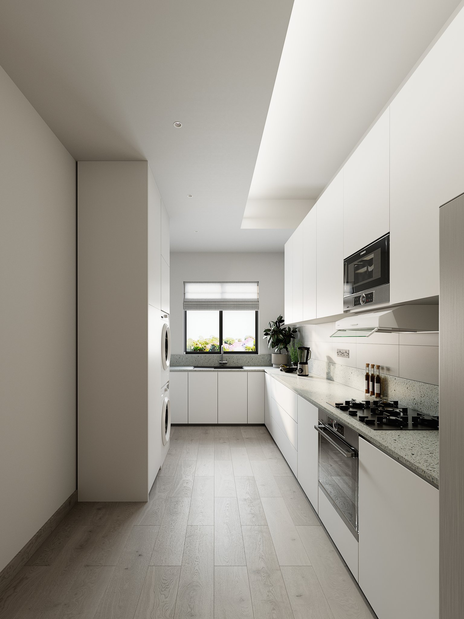 Avalon galley kitchen from the entry end: handleless white cabinets on both runs, speckled terrazzo worktop and splashback, built-in oven beneath a four-burner gas hob, angled extractor hood and a stacked washer-dryer in the tall unit.