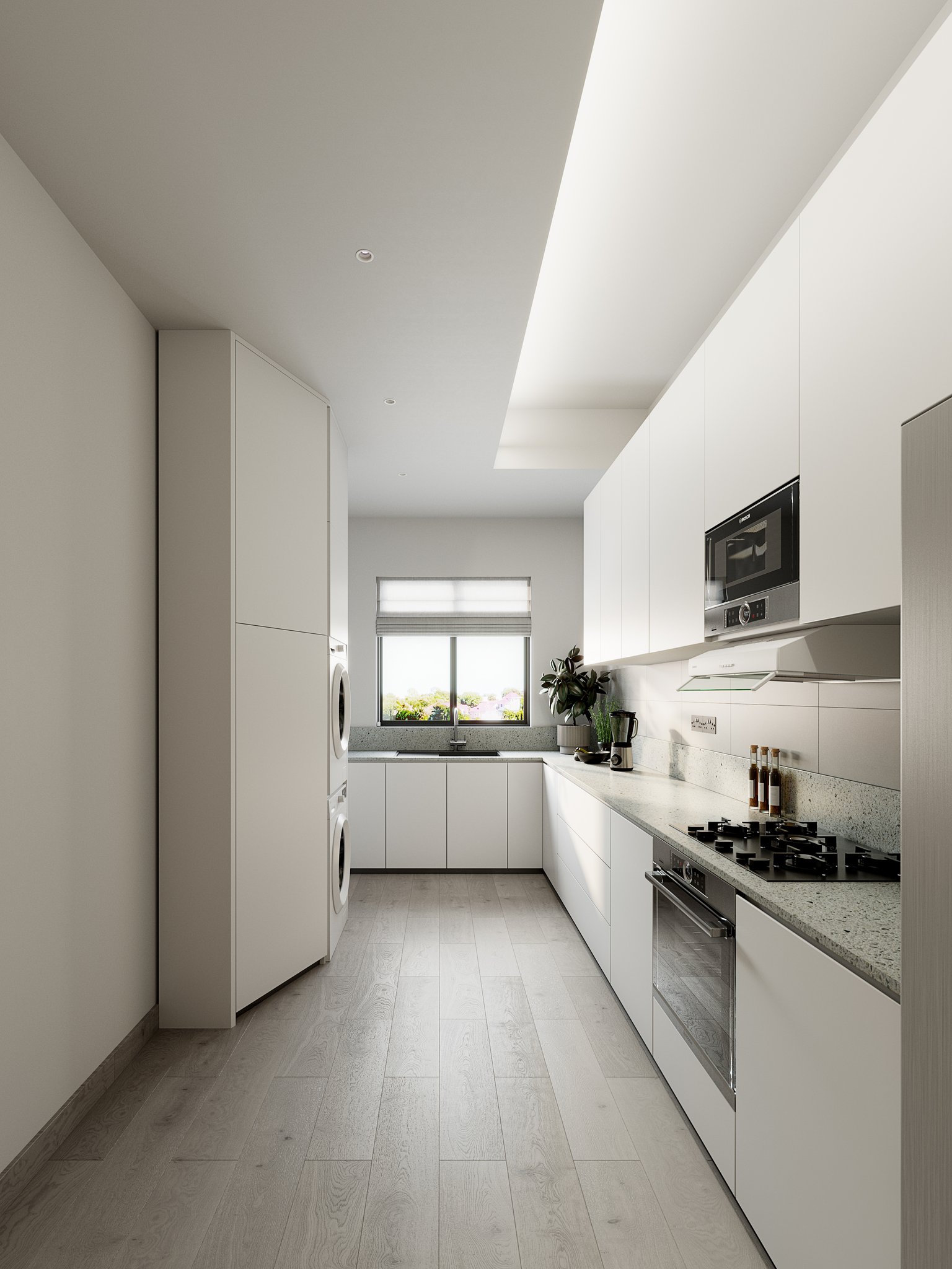 Avalon galley kitchen again with a slight camera shift that exposes the left tall-cabinet door seam: blender, potted plant and three amber bottles on the terrazzo top, sink under a small window with a grey roman blind.