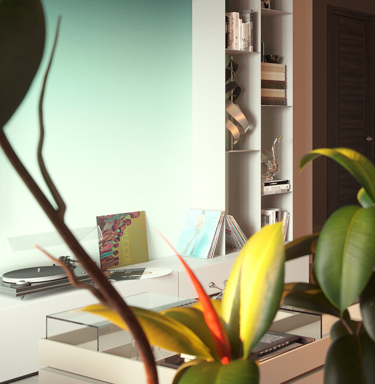 Avalon detail at the television wall: the turntable on a white console against a pale teal gradient, vinyl sleeves leaning with one cover lettering SANTROE, a brass spiral and glass bird on the open shelf and rubber-plant leaves in front.