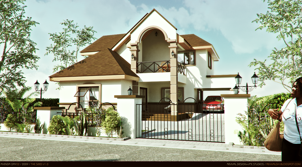 A daylight street view of a two-storey detached house: cream rendered walls with tan trim and quoins under a crowded brown tiled roof of multiple hipped and pitched planes, its tall front gable framing a deep arched entrance loggia. A first-floor balcony with a dark timber cross-railed balustrade sits above the loggia, chairs visible behind it. A low white boundary wall with tan capping and arched metal railings runs across the front, broken by a black metal sliding gate across the paved driveway behind which a red saloon is parked, with ornate twin-head lamp posts at the piers and young palms, shrubs and a clipped hedge in the beds. A paved footpath and asphalt road fill the foreground, the sky is pale blue with light cloud, and a cut-out figure of a woman carrying a bag walks at the right edge to give the elevation its scale.