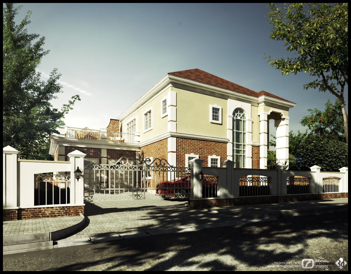 A street view of a two-storey house with a cream rendered upper floor over a red brick ground floor, under a red hipped tile roof with wide white eaves. White quoins and window surrounds frame a tall arched stair window on the right and an arched porch on columns at the centre. A white boundary wall on brick piers set with wrought-iron panels runs across the front, broken by a pair of tall decorative gates through which a red saloon is visible on the paved block driveway, and mature trees throw dappled shadow over the pavement.
