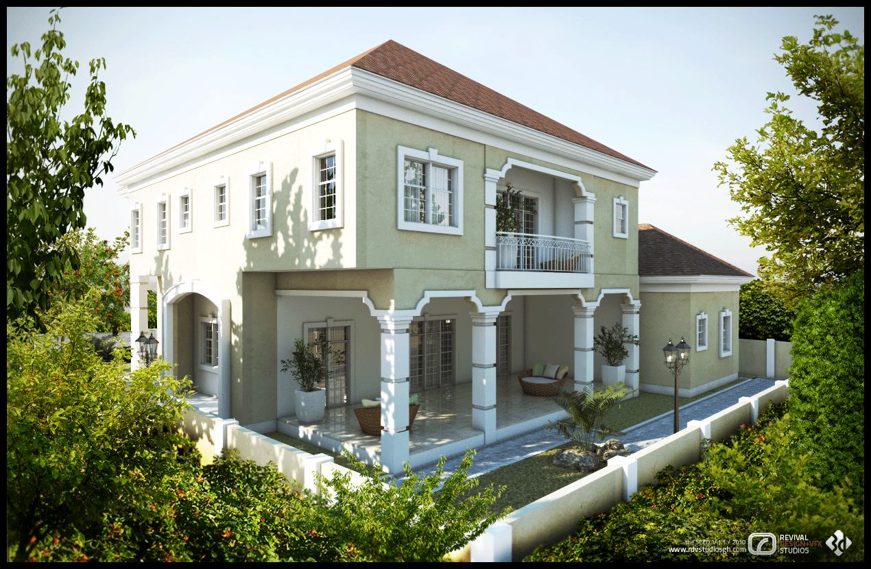 The garden side of a two-storey house rendered pale sage green under a red hipped tile roof with broad white cornices. A ground-floor colonnade of square white piers opens onto a paved veranda furnished with wicker chairs, and a first-floor balcony with a white balustrade projects over the right wing. Low white walls and a paved terrace cut with strips of lawn run in front, with a twin-head lamp post at the right and dense trees and shrubs framing both sides of the view.