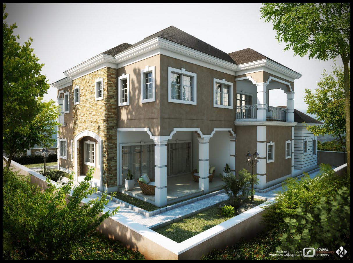 The garden view of the same house type in a third finish: taupe rendered walls over a stone-clad ground-floor bay, under a dark grey hipped roof with white trim. An arched white colonnade shades a paved veranda laid with wicker seating, a first-floor balcony sits over the right wing, and a raised terrace of pale paving striped with lawn steps down behind low white retaining walls, with planting and a twin-head lamp post at the right.