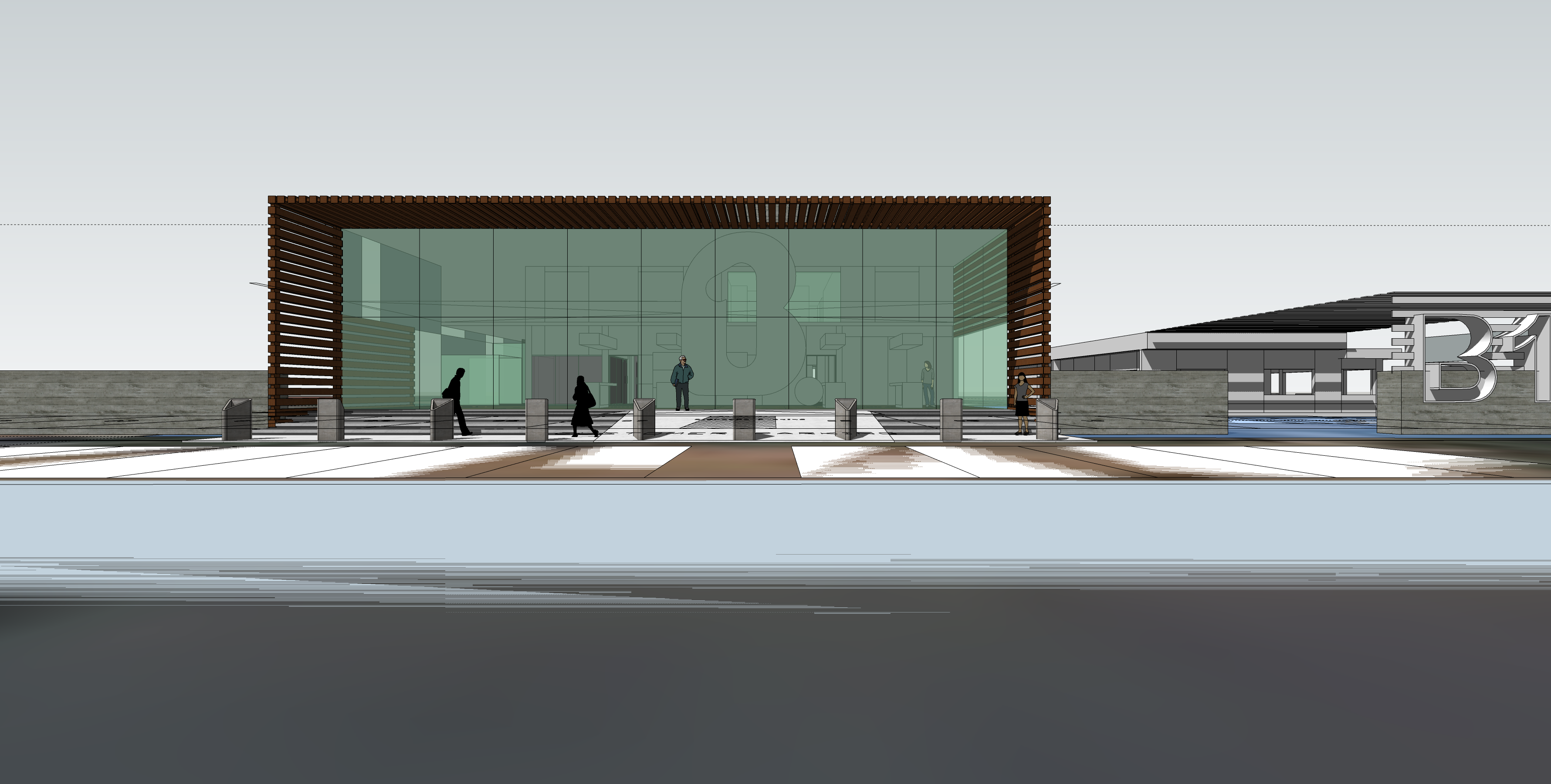 B1 HQ Lagos Ave front elevation: a full-height glazed pavilion boxed in horizontal timber fins, its open-plan floor readable through the glass, bollards and four silhouetted figures on the paved forecourt and a cut-metal B1 sign on the concrete wall at the right.