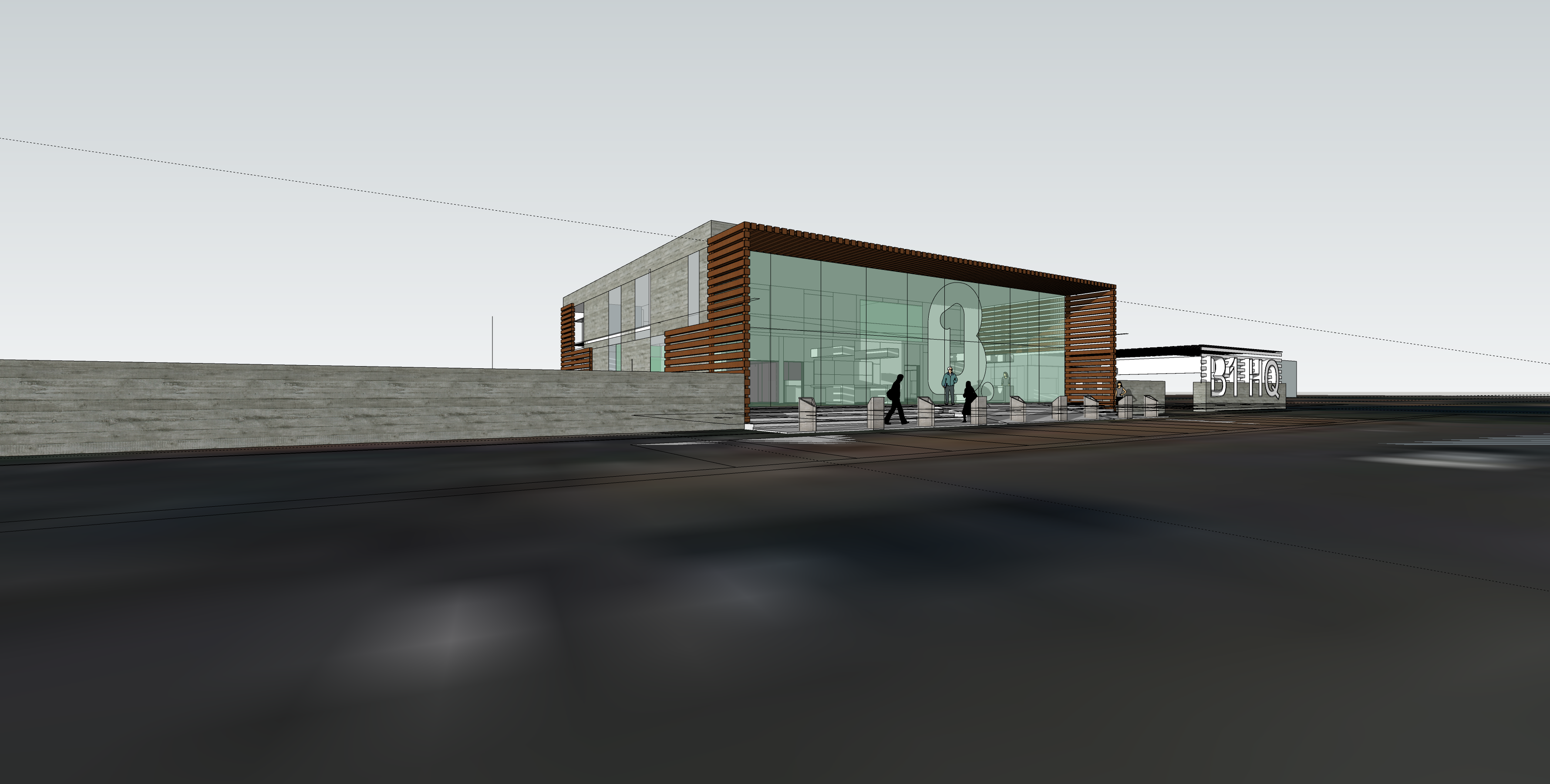 B1 HQ Lagos Ave from the junction: the fin-framed glass box seen obliquely over a board-formed concrete boundary wall, B1 HQ letters on the gate pier at the right and two figures crossing the forecourt.