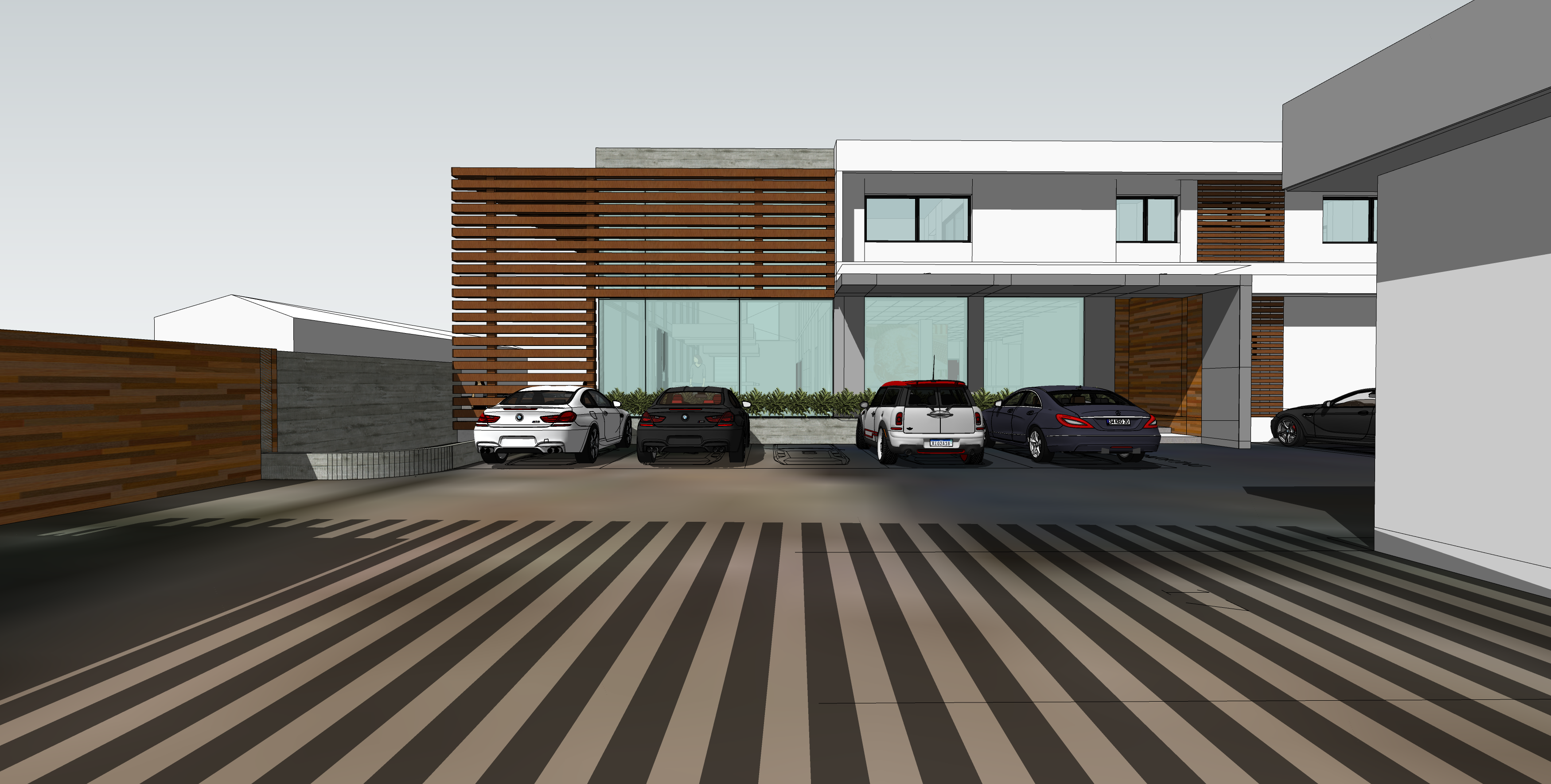 B1 HQ Lagos Ave rear yard: four cars parked nose-in against the glazed office, a timber louvre screen to the left and a two-storey white volume with slot windows at the right, screen-shadows striped across the paving.