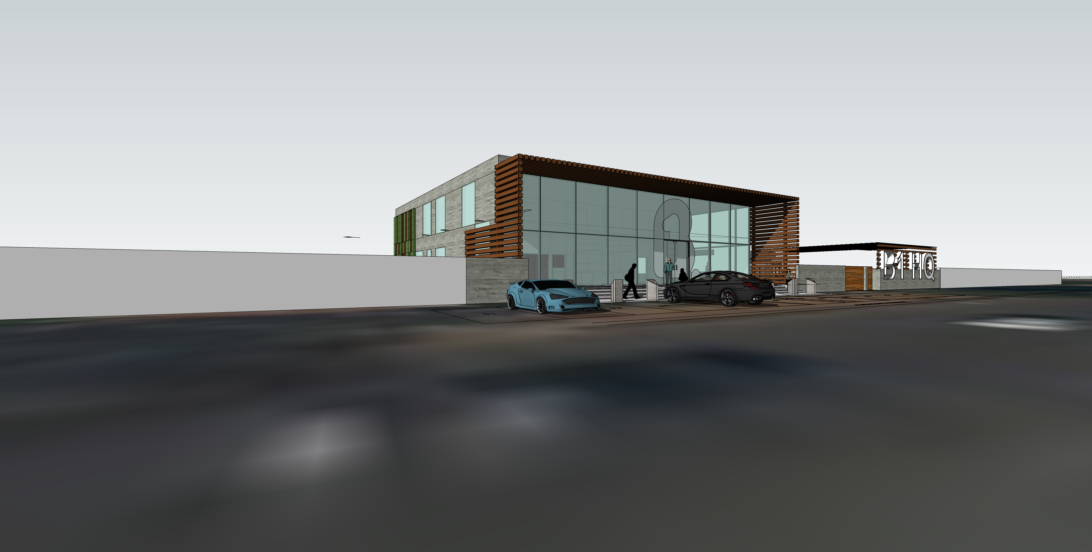 B1 HQ Lagos Ave approached from the road: the timber-framed glass pavilion behind a long pale boundary wall, a light-blue and a black coupe at the entrance and the B1 HQ signage on the wall beyond.